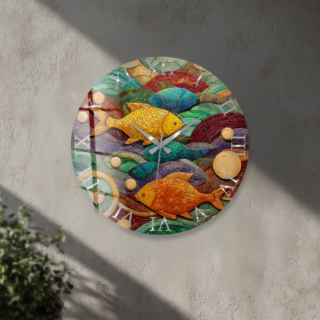 Colorful Fish Glass Wall Clock – Coastal Mosaic Art Decor
