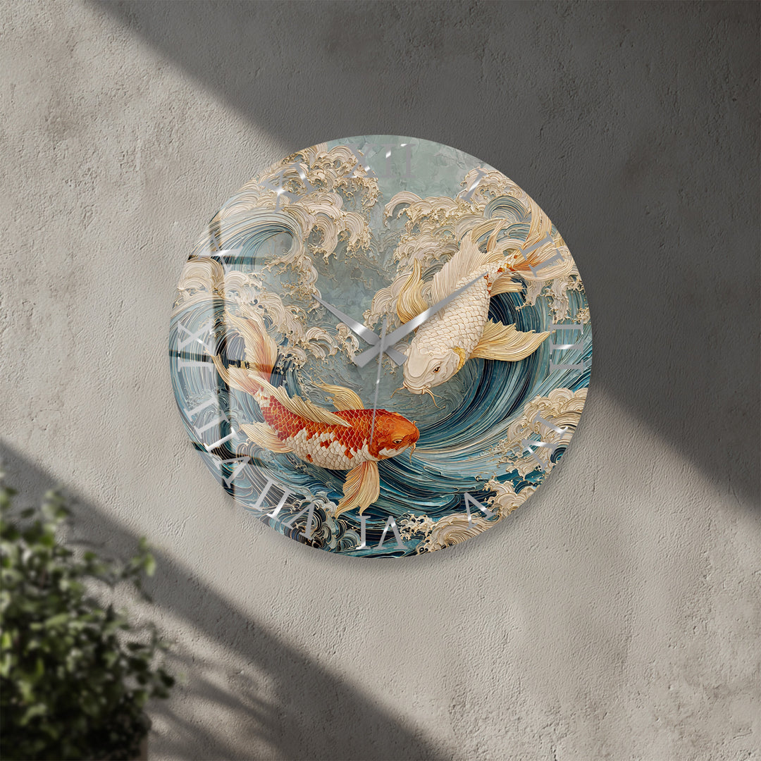 Japanese Koi Fish Glass Wall Clock – Blue Ocean Wave Art