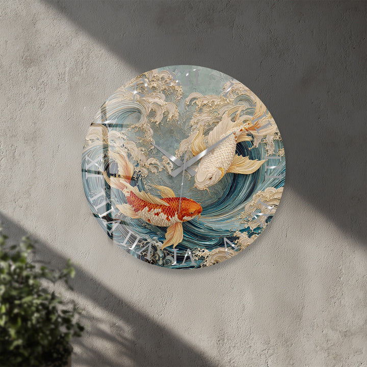 Japanese Koi Fish Glass Wall Clock – Blue Ocean Wave Art