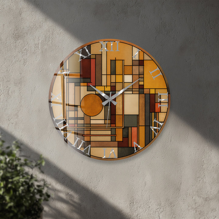 Art Deco Geometric Glass Wall Clock – Warm Retro Abstract Art