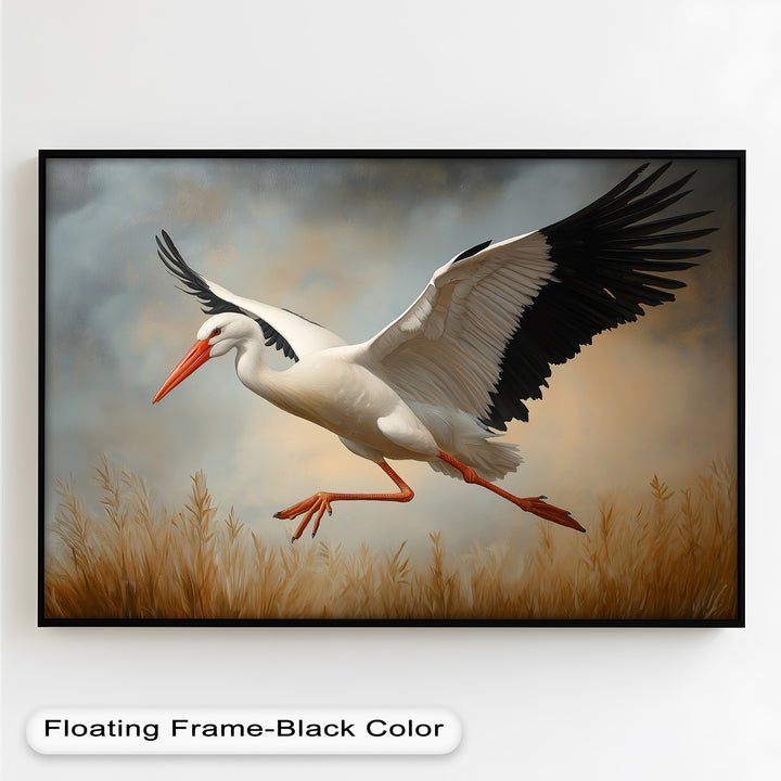 Stork in Flight over Golden Grasses – Animal Oil Painting
