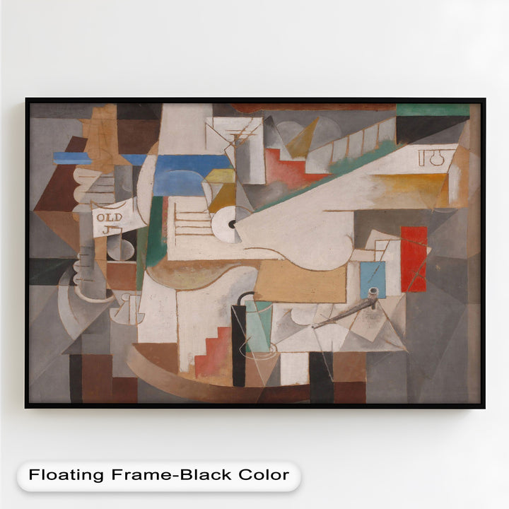 A refined cubist artwork featuring stair-like forms, curves, and symbolic references to instruments and printed text.
