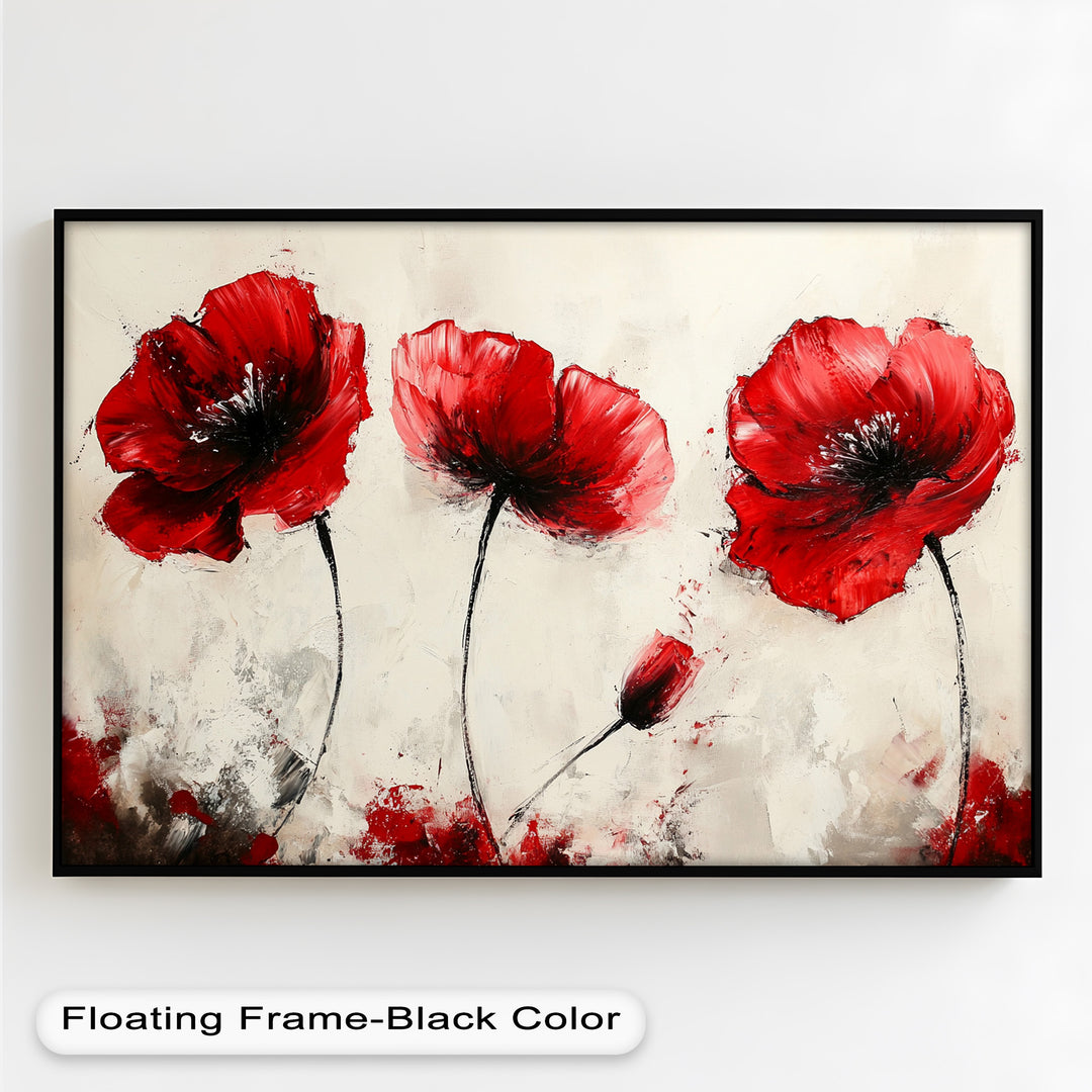 Crimson Elegance – Bold Red Poppies on Cream Flower Oil Painting