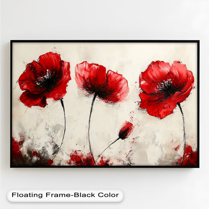 Crimson Elegance – Bold Red Poppies on Cream Flower Oil Painting