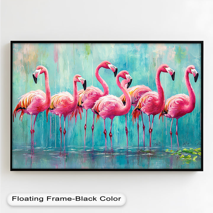 Flamingoschwarm auf dem Wasser – Tierölgemälde