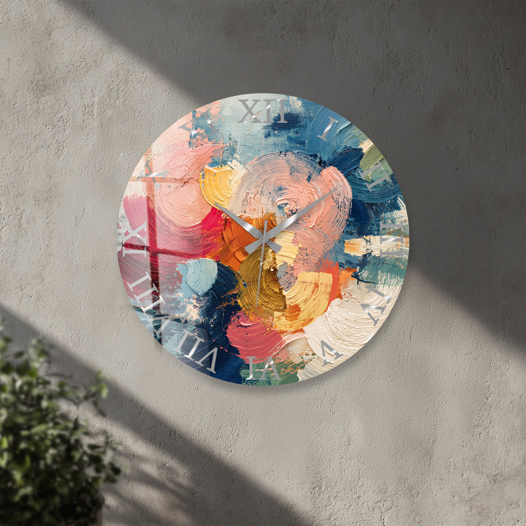 Colorful Abstract Glass Wall Clock – Textured Brushstroke Art