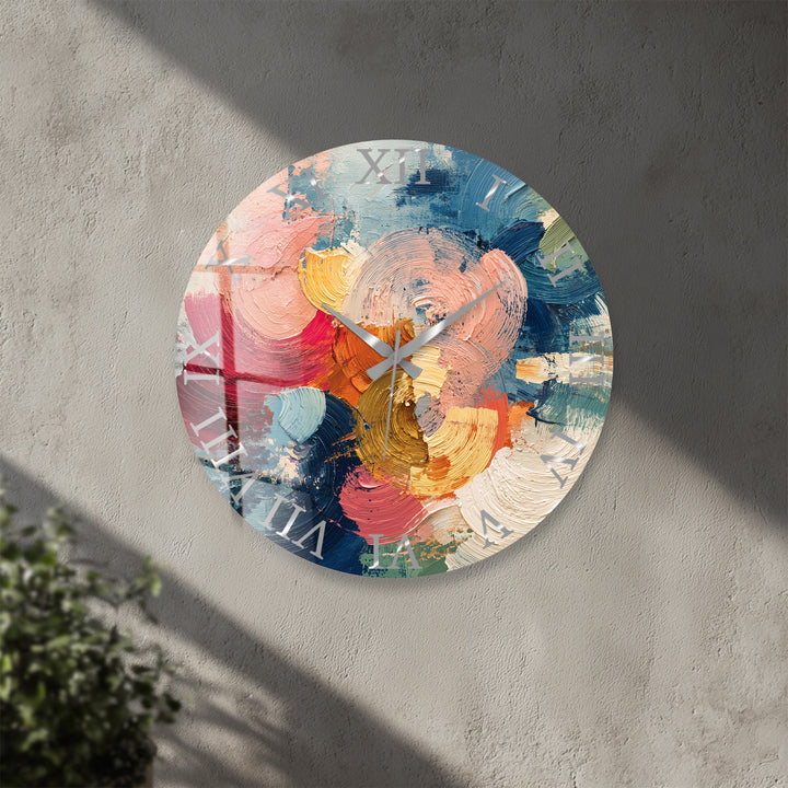 Colorful Abstract Glass Wall Clock – Textured Brushstroke Art