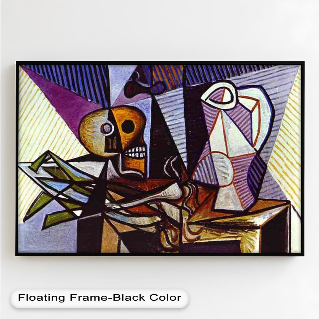 Modern cubist artwork with sharp lines and vibrant contrasts depicting a symbolic still life of mortality and domestic objects.