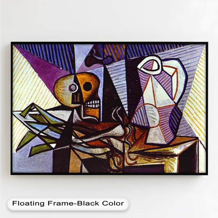 Modern cubist artwork with sharp lines and vibrant contrasts depicting a symbolic still life of mortality and domestic objects.