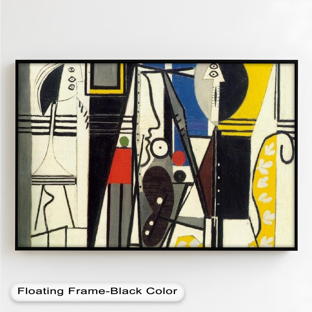 An expressive and symbolic depiction of figures through angular outlines and patterned textures, rich in visual rhythm.
