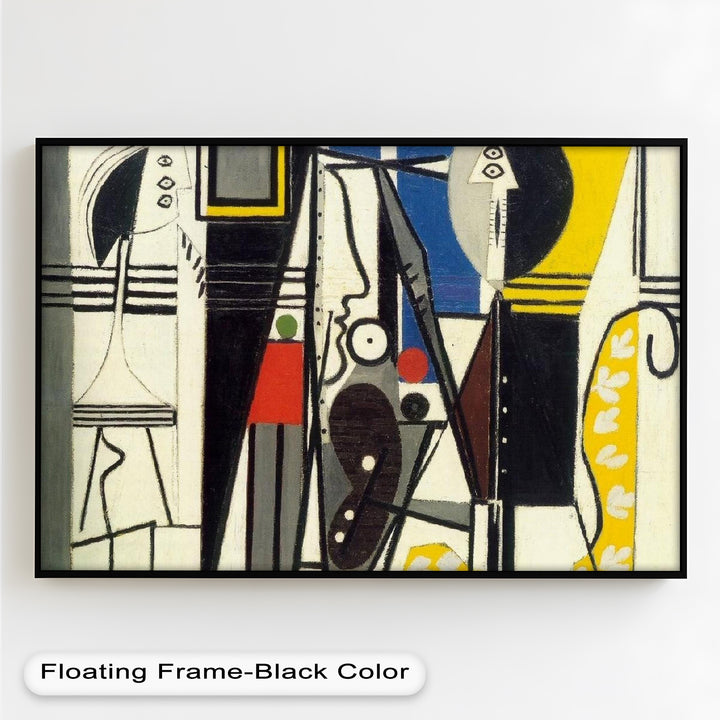 An expressive and symbolic depiction of figures through angular outlines and patterned textures, rich in visual rhythm.