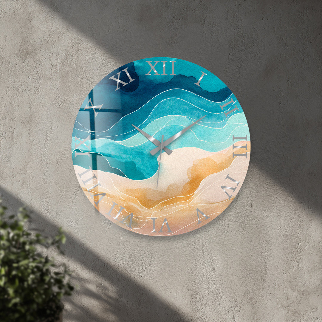 Abstract Coastal Glass Wall Clock – Blue Ocean Wave Decor