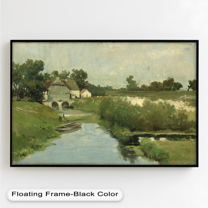 A classic impressionist painting showcasing a peaceful riverside view with trees, a distant farmhouse, and a sky painted in soft, muted tones.