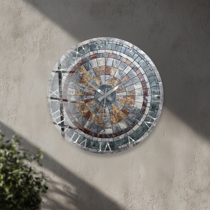 Stone Mosaic Glass Wall Clock – Rustic Geometric Decor