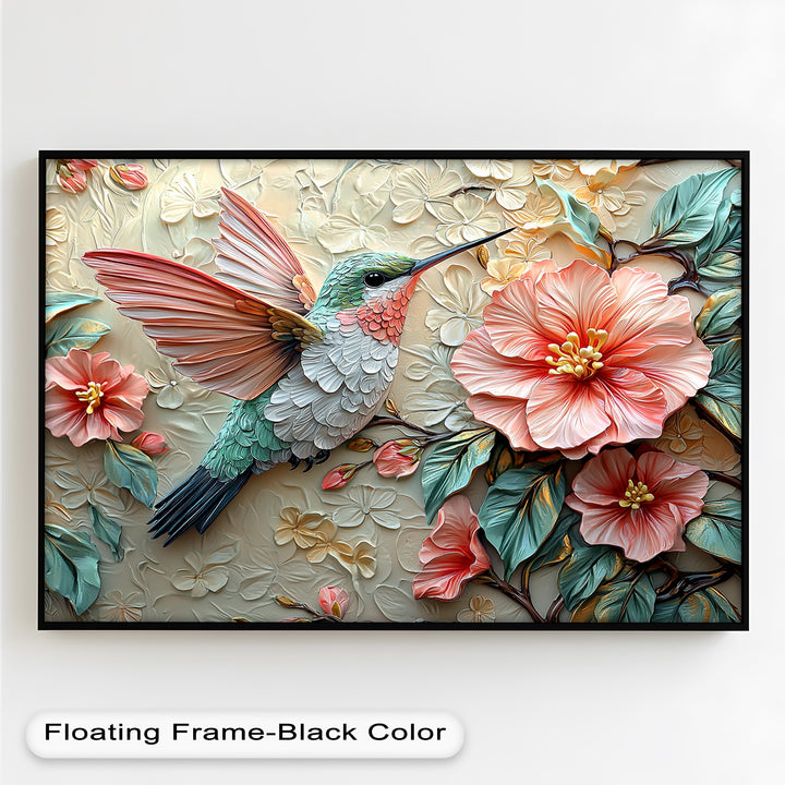 A luxurious nature-inspired artwork depicting a lifelike hummingbird hovering near blooming blossoms, with raised sculptural elements creating depth and movement.
