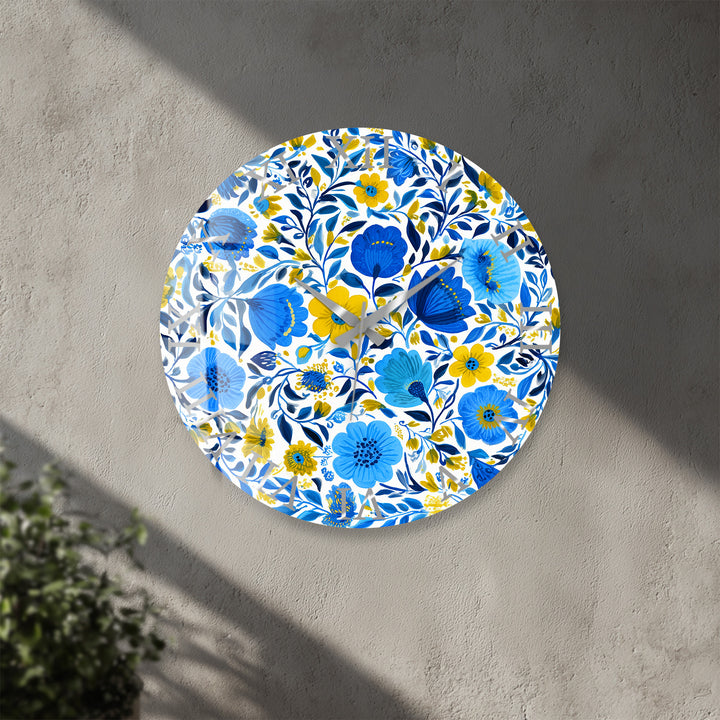Blue and Yellow Floral Glass Wall Clock – Botanical Decor