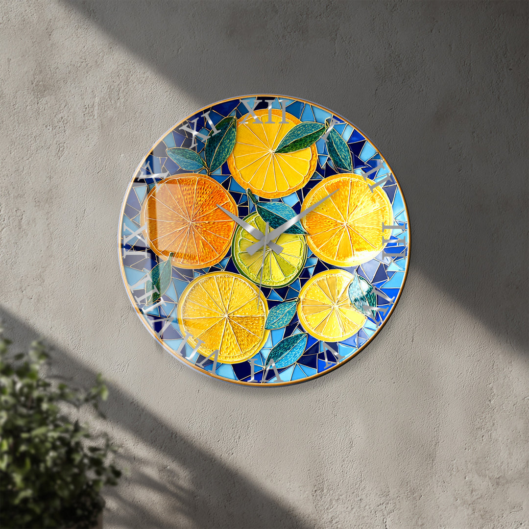Lemon and Orange Glass Wall Clock – Mediterranean Kitchen Decor