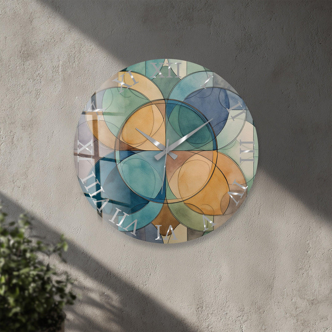 Teal Geometric Glass Wall Clock – Mid Century Abstract Decor