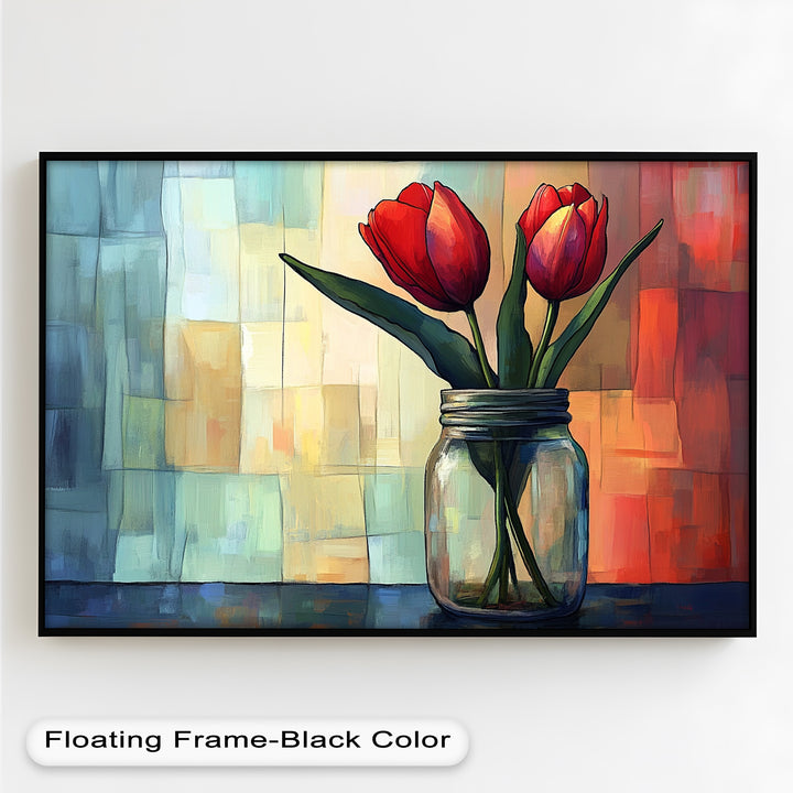 Red and Orange Tulips in Glass Vase – Bold Floral Oil Painting