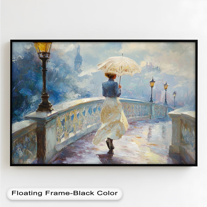 Woman with Umbrella on Cobblestone Bridge – Oil Painting