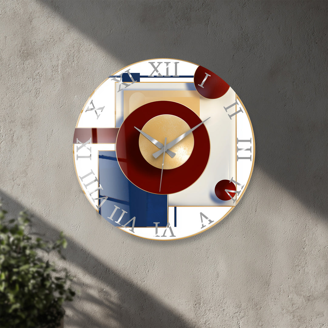 Burgundy and Navy Glass Wall Clock – Modern Geometric Gold Art
