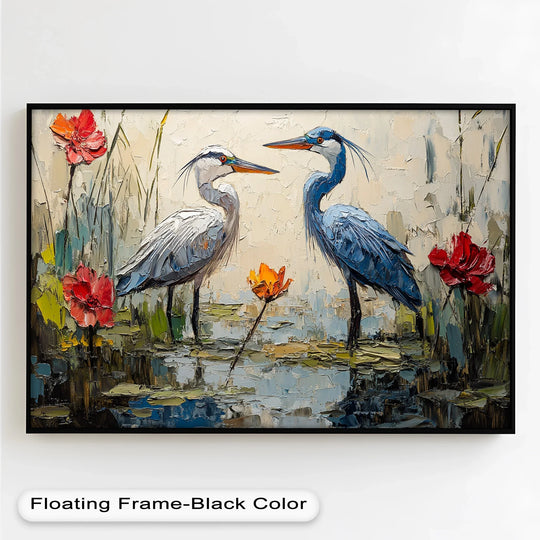 Captured in expressive brushstrokes, the pair of herons is a central focus of this wildlife-inspired oil painting art prints, set amidst vibrant floral marsh textures.