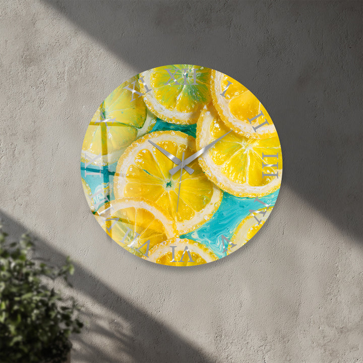 Yellow Lemon Glass Wall Clock – Bright Citrus Kitchen Decor