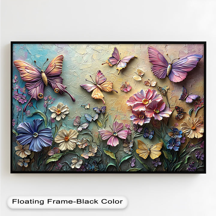 A mesmerizing embossed-style painting capturing a magical floral scene with colorful butterflies dancing among blooming flowers in a textured, artistic design.