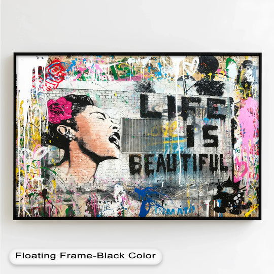 Featuring a sleek black floating frame, this 'Life Is Beautiful' Banksy-style oil painting reproduction print showcases dynamic borders enhancing its bold, street-art-inspired soul.