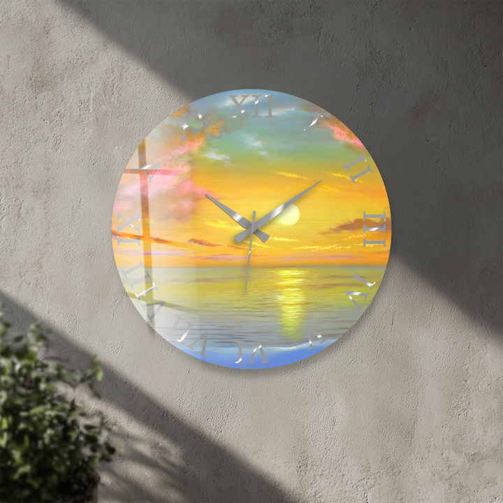 Ocean Sunset Glass Wall Clock – Golden Coastal Decor