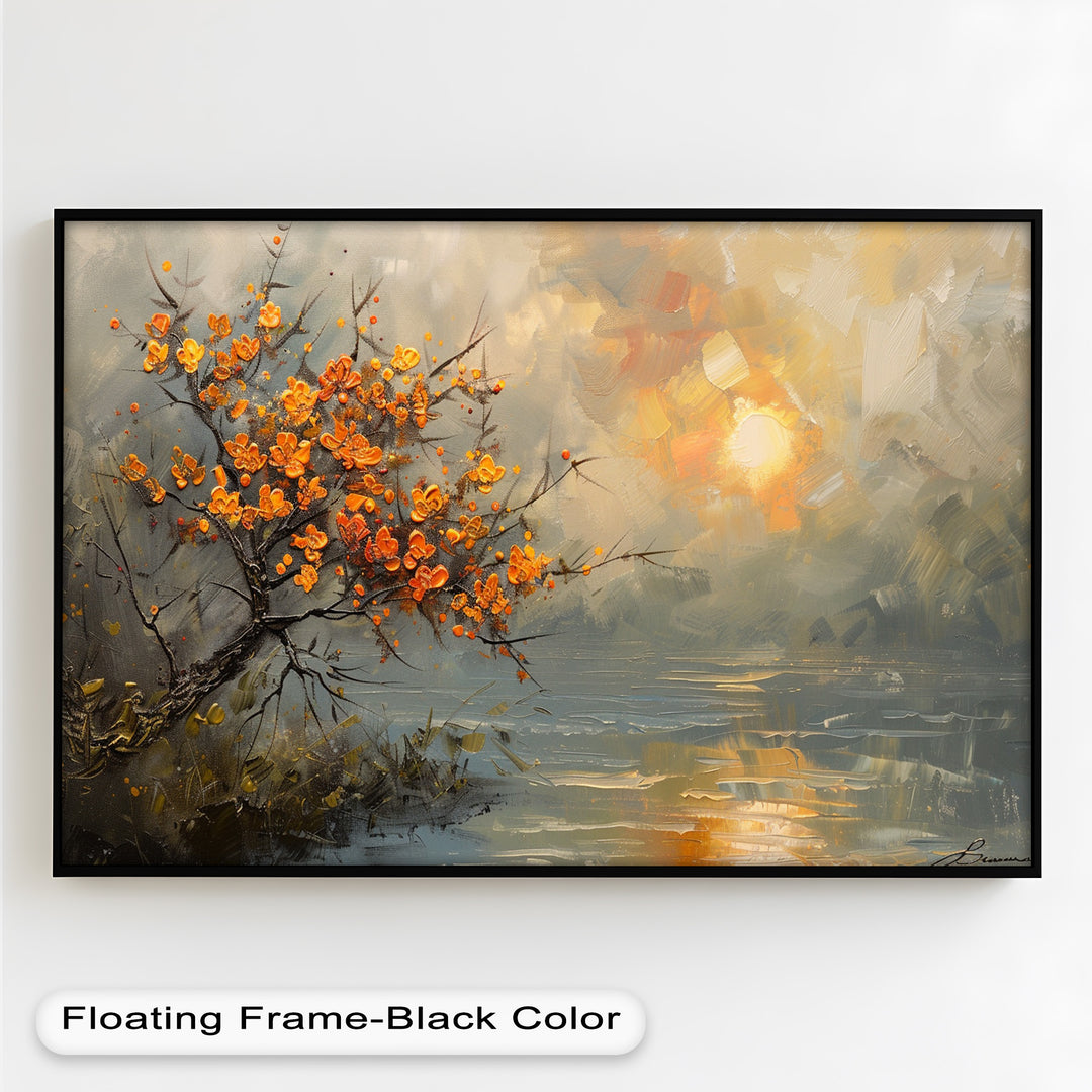 A mesmerizing nature-inspired painting showcasing a blooming autumn tree leaning over a peaceful lake, bathed in soft, glowing light.