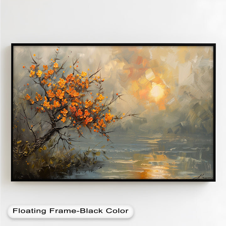 A mesmerizing nature-inspired painting showcasing a blooming autumn tree leaning over a peaceful lake, bathed in soft, glowing light.