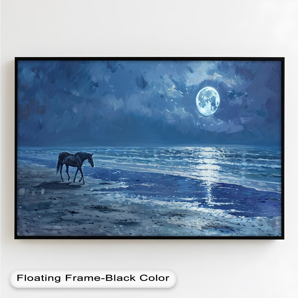 A beautifully detailed maritime scene featuring a tranquil night sky, where a solitary horse strolls along the beach under the luminous embrace of the moon.