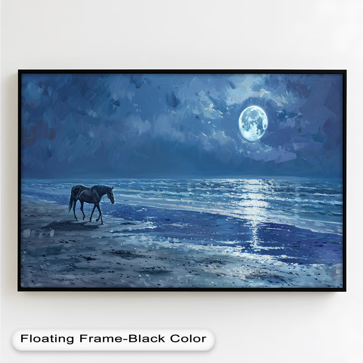 A beautifully detailed maritime scene featuring a tranquil night sky, where a solitary horse strolls along the beach under the luminous embrace of the moon.