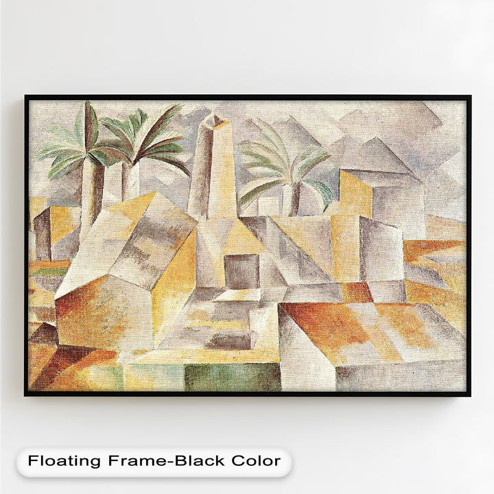 A modernist landscape of overlapping stone structures and soft shadows, unified by a warm, sandy color palette.