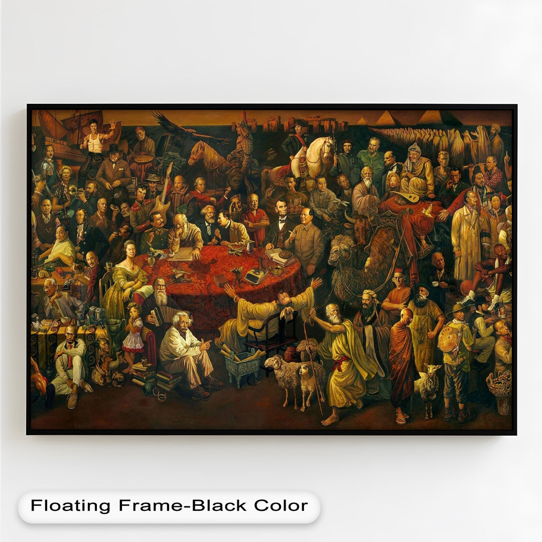 A detailed and surreal assembly of influential thinkers, artists, scientists, and leaders in a richly symbolic setting.