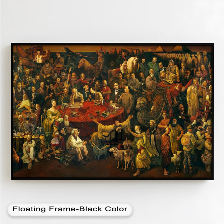 A detailed and surreal assembly of influential thinkers, artists, scientists, and leaders in a richly symbolic setting.