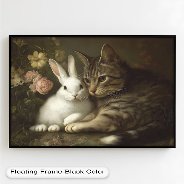 Cat and Rabbit in Floral Harmony - Animal Oil Painting