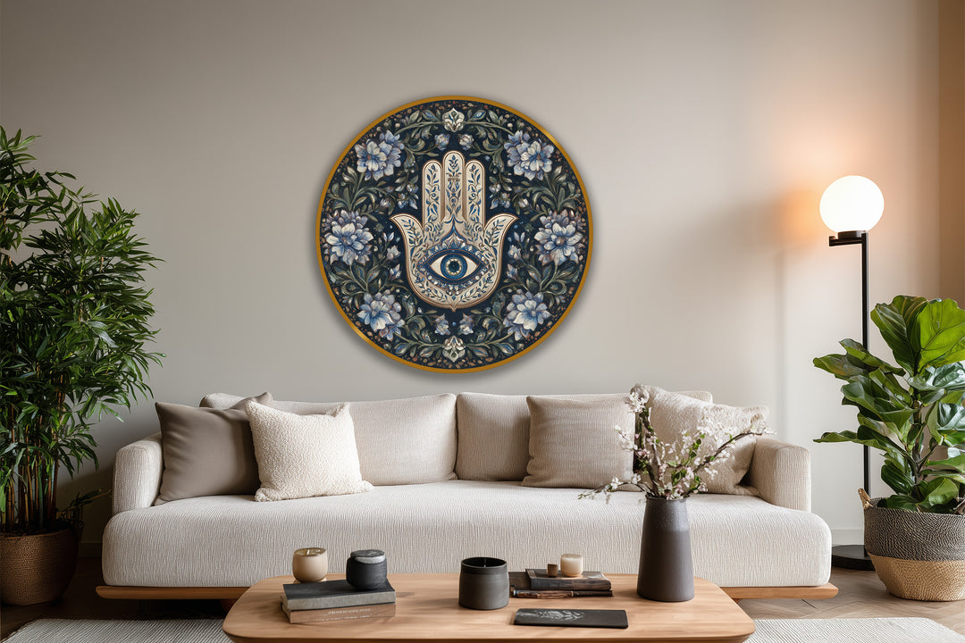 Textured oil finish highlights the Floral Hamsa Protection's symbolic oil painting reproduction print on wood, accentuating its spiritual depth.