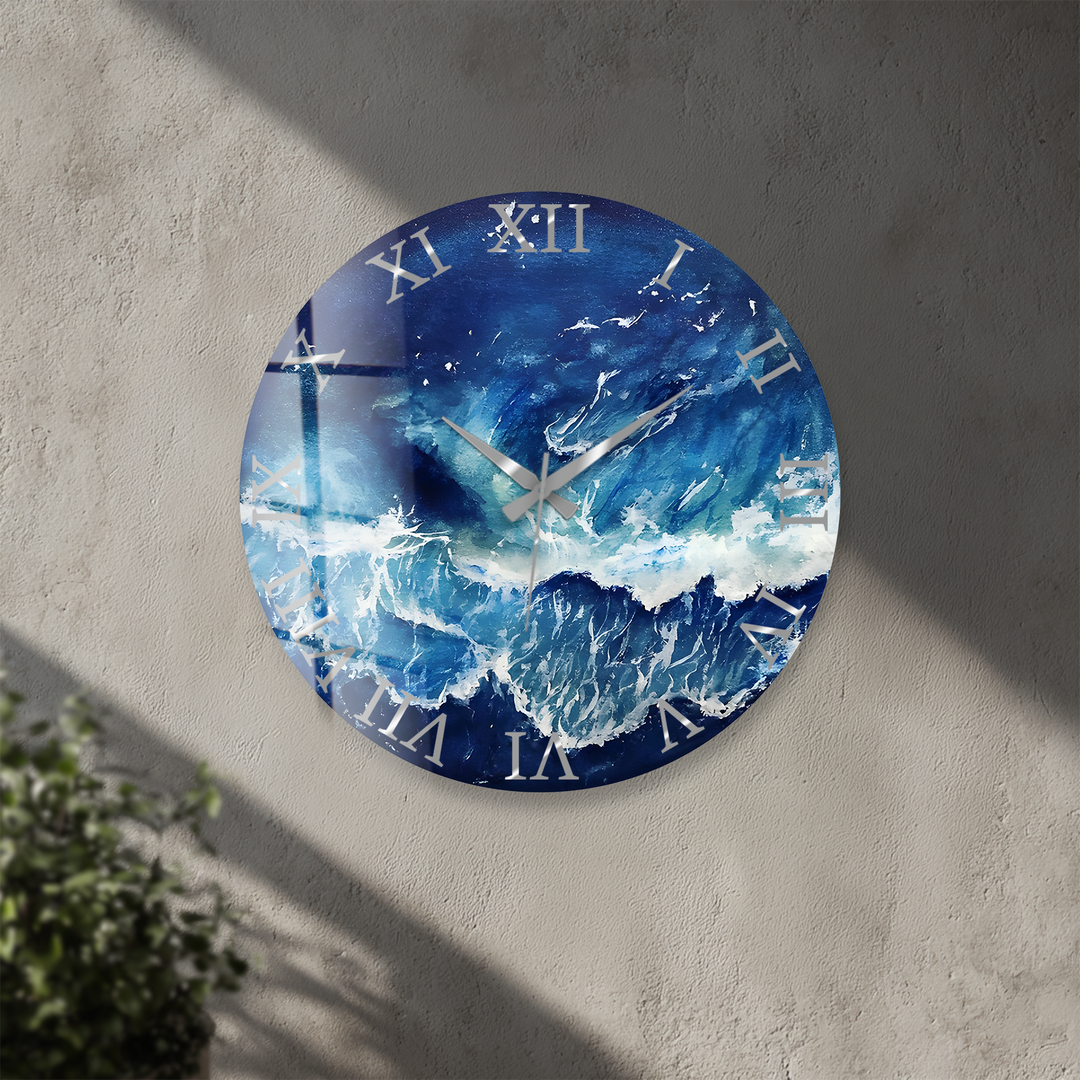 Abstract Blue Ocean Glass Wall Clock – Coastal Wave Art