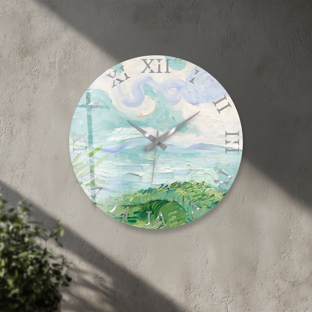 Pastellfarbene Küstenwanduhr aus Glas – abstrakte Meereslandschaftskunst