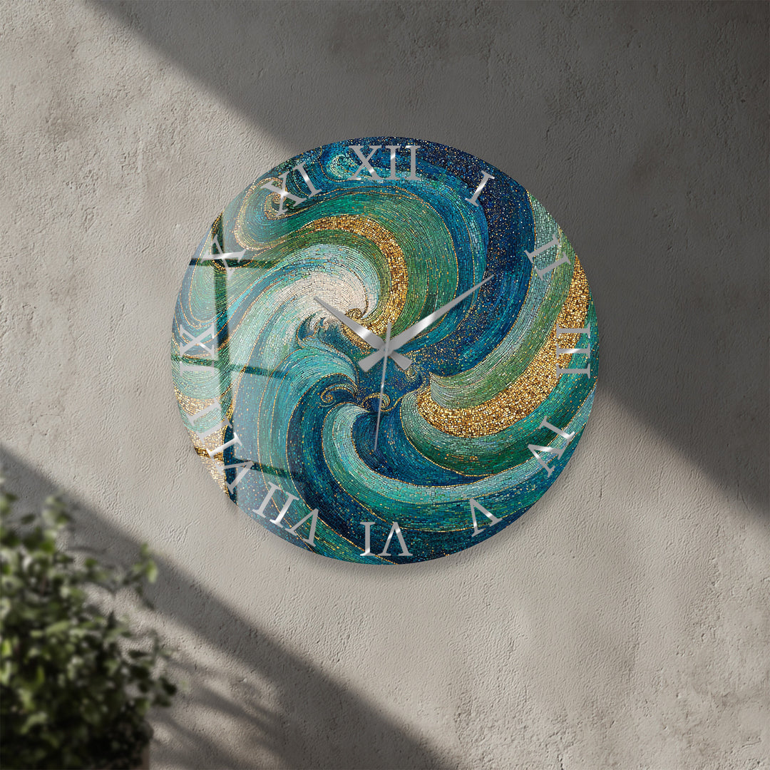 Türkisfarbene Mosaik-Glas-Wanduhr – abstraktes Wirbeldekor