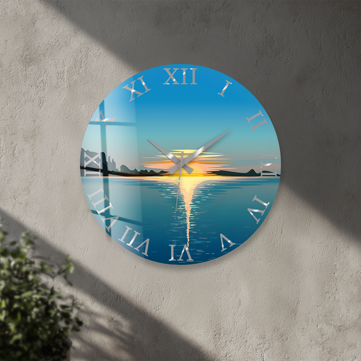 Minimalist Ocean Sunset Glass Wall Clock – Coastal Decor