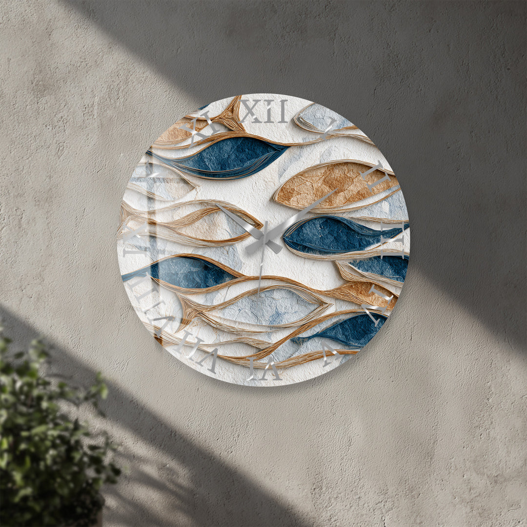 Blue and Beige Glass Wall Clock – Modern Organic Abstract Art