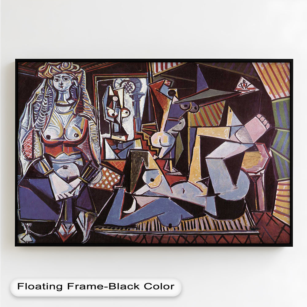 Bold geometric painting of reclining and standing women in a vibrant, patterned room.

