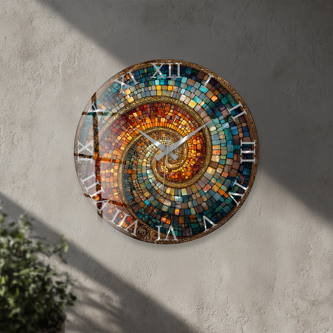 Spiralmosaik-Glaswanduhr – abstrakte Kunst in Blaugrün und Kupfer