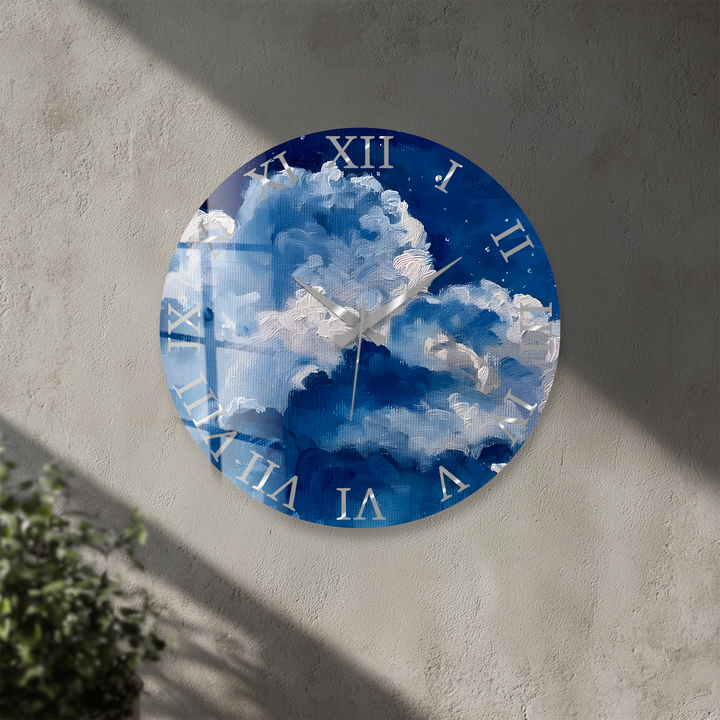 Blaue Wolke Glaswanduhr – abstrakte Himmelswanddekoration