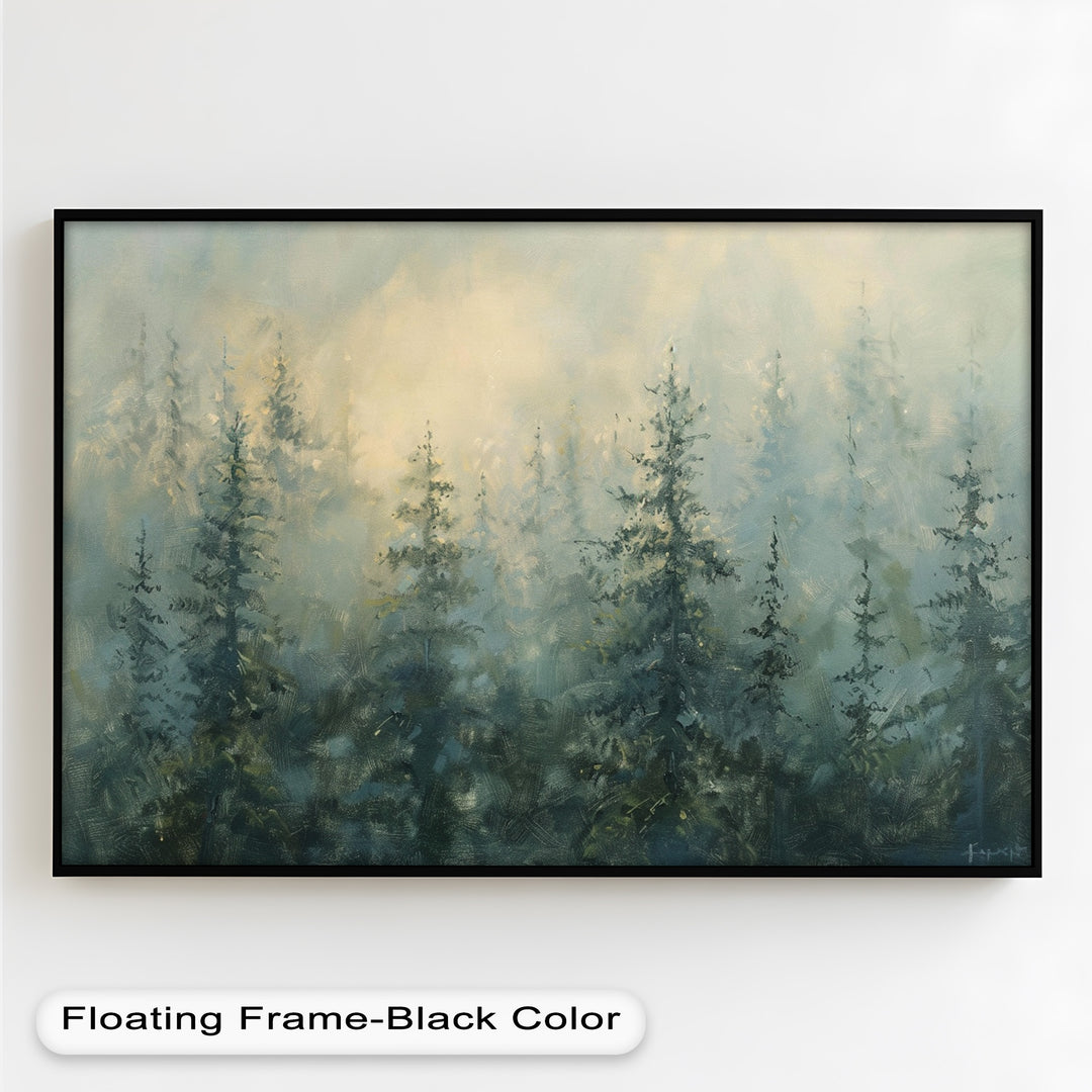 A dreamy, atmospheric painting of a dense forest shrouded in mist, where layers of trees create a sense of depth and stillness.