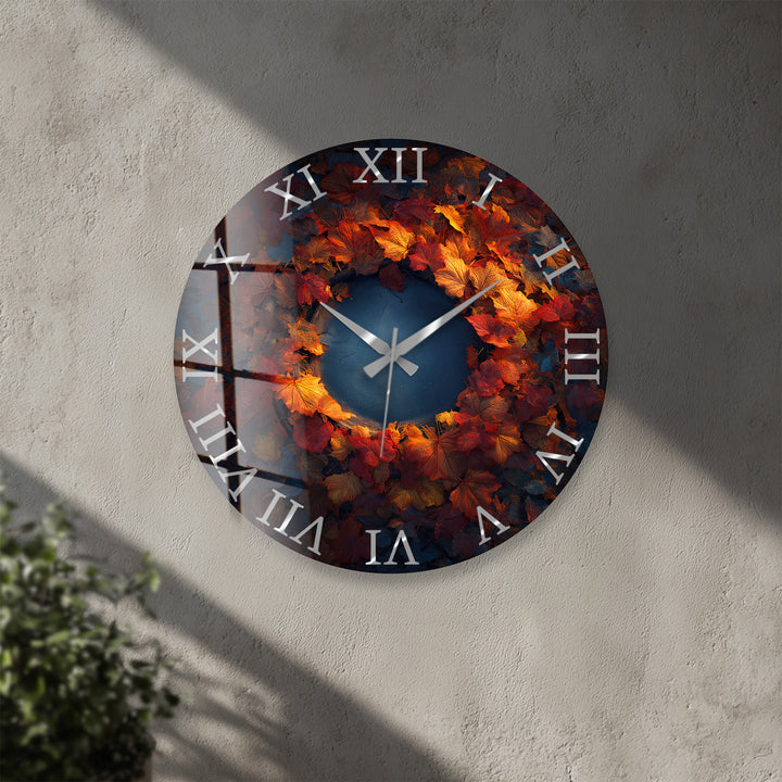 Glas-Wanduhr mit Herbstblättern – rustikales Herbstkranz-Dekor