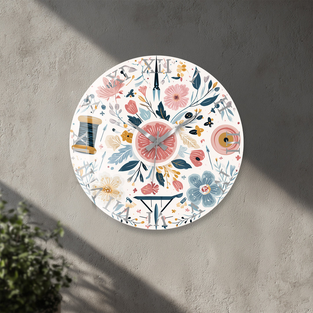 Floral Sewing Glass Wall Clock – Craft Room Decor